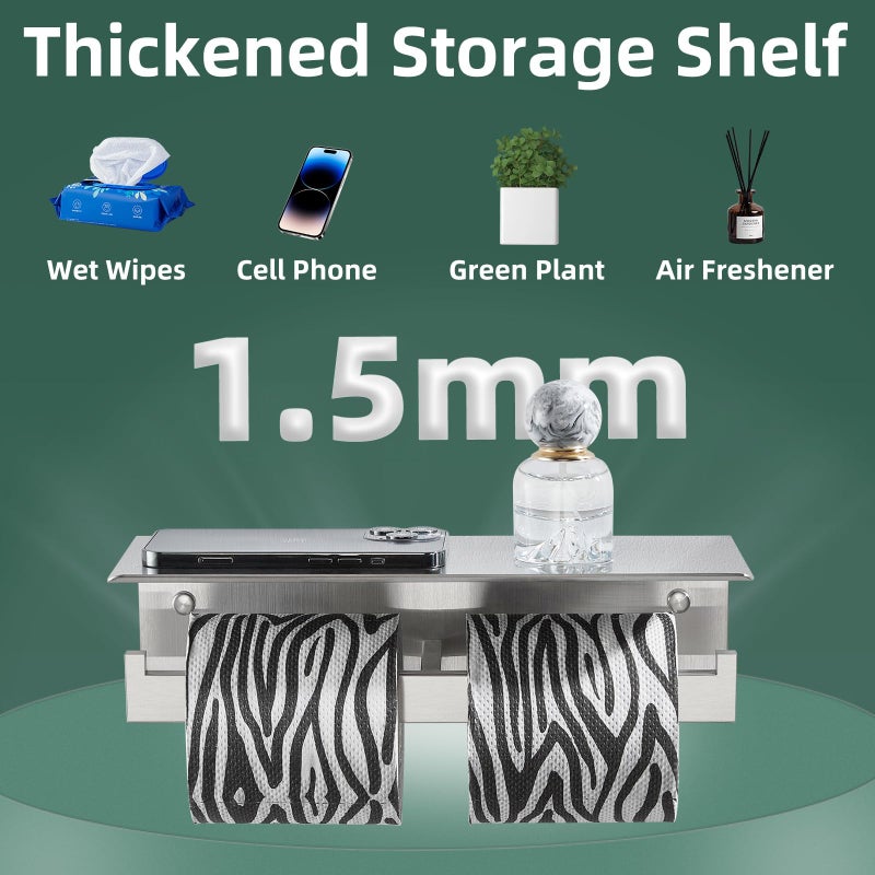 APLusee Double Toilet Paper Holder with Shelf, 304 Stainless Steel Brushed Nickel Bathroom Tissue Holder, Commercial Paper Roll Dispenser Wall Mounted - Image 3